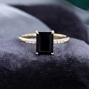 Black Onyx Emerald-Cut Solitaire Ring with Pavé Accents